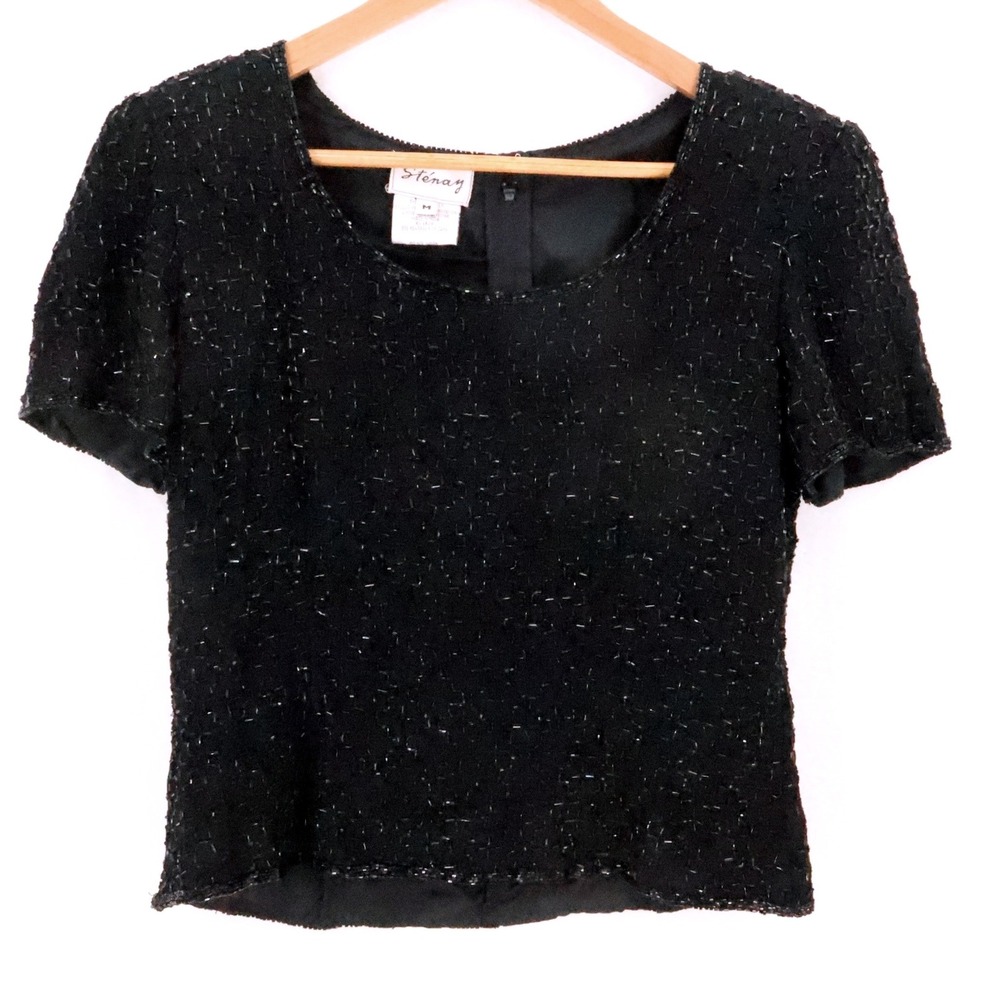 Stenay Vintage Beaded Silk Blouse Top Womens Size M Black Evening NYE Party Luxe